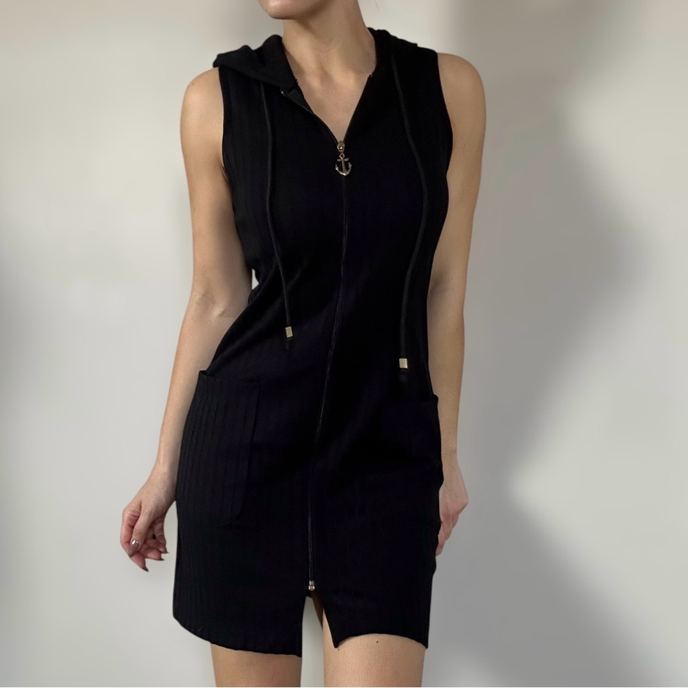 Dotti Black Zip-Up Hoodie Sailor Ribbed Knit Sheath Dress with Gold Accents - S